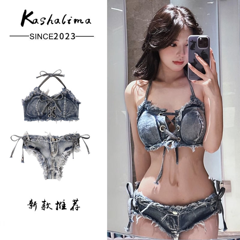 Women's swimsuit ins style European and American retro sexy small breast straps exposing three-point denim bikini beach vacation