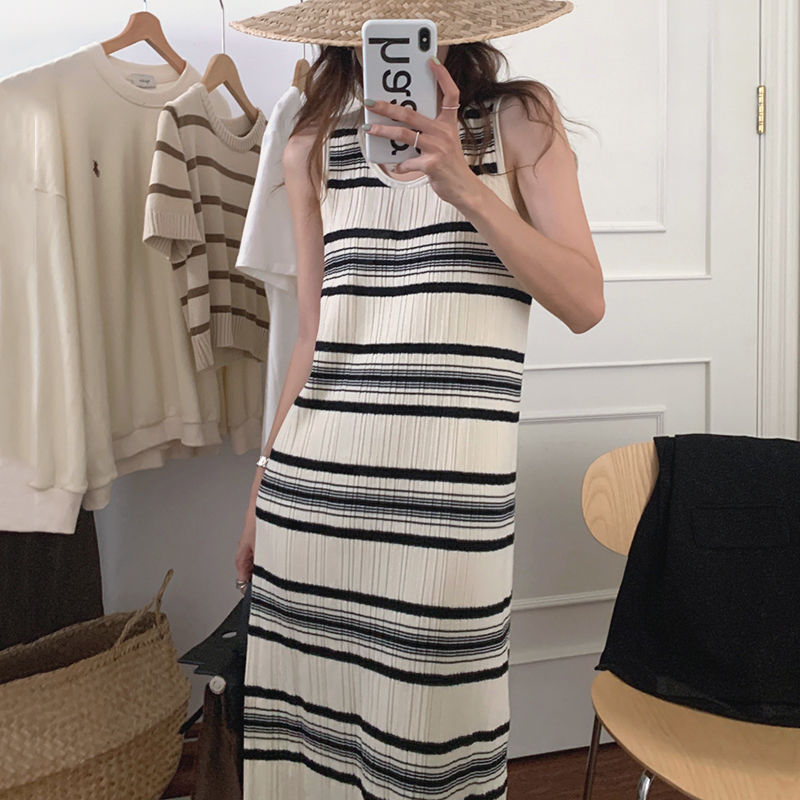 Korean chic spring and summer all-match round neck loose casual color contrast stripe design sleeveless vest knitted dress female