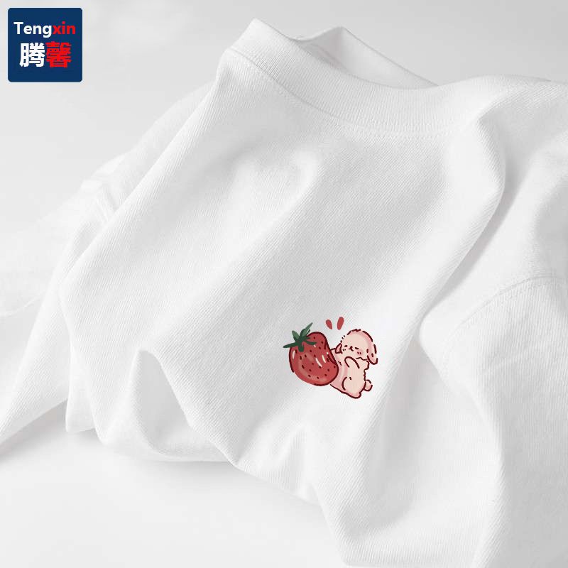 100% cotton white summer plant print short-sleeved t-shirt for men and women loose Korean style versatile student retro top
