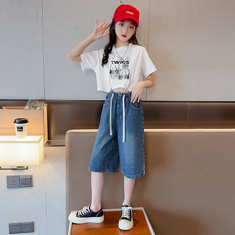 Girls' summer pants  new children's five-point pants summer thin section denim shorts middle and big children's wide-leg pants