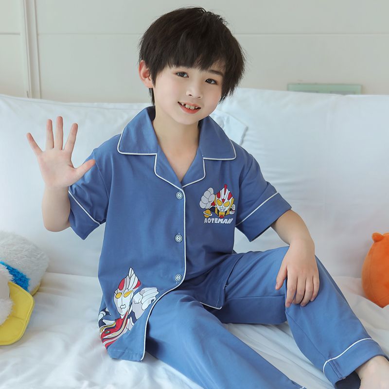 男童睡衣兒童女孩夏季純棉短袖長褲女童中大童卡通家居空調服套裝