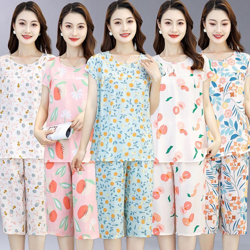 夏季綿綢睡衣女薄款套裝中年媽媽裝人造棉寬鬆大碼短袖家居服套裝