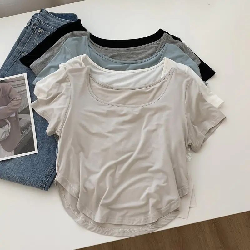 Basic drape modal square collar front shoulder short-sleeved t-shirt women's summer slim short bottom casual thin top