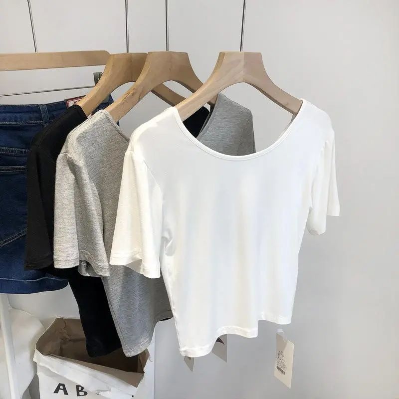 Beautiful back hollow modal cotton cross short-sleeved T-shirt women's ins summer self-cultivation slimming drape open back thin top