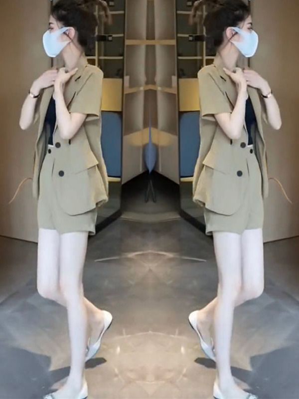 夏秋新款時尚西服套裝女韓版氣質顯瘦短袖外套高腰闊腿短褲兩件套