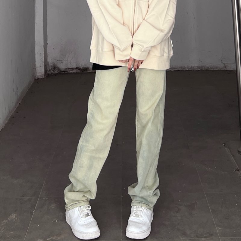 復古水洗黃泥染牛仔褲女春秋設計感港風小眾高腰顯瘦高直筒拖地褲