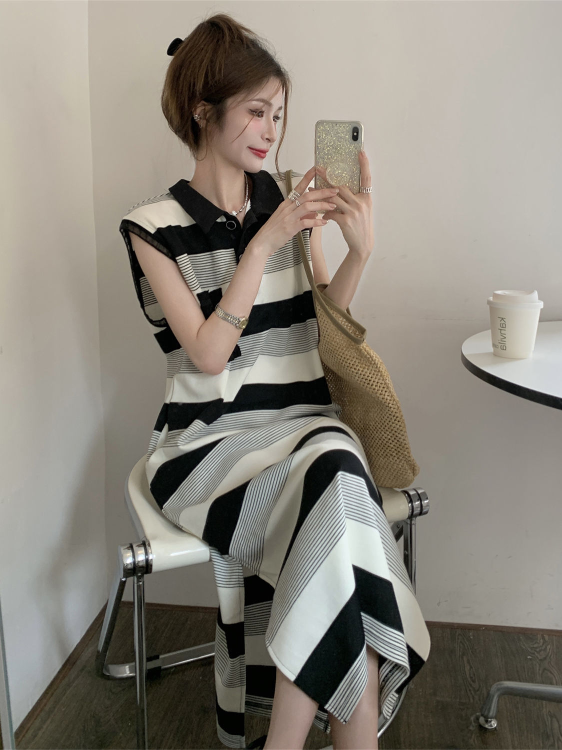 Striped lapel sleeveless backless dress fat MM extra large size 300 catties summer loose vest skirt