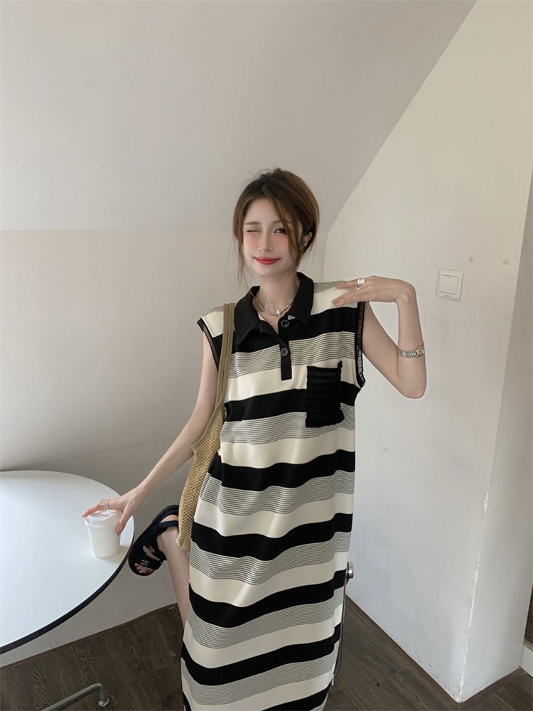 Striped lapel sleeveless backless dress fat MM extra large size 300 catties summer loose vest skirt