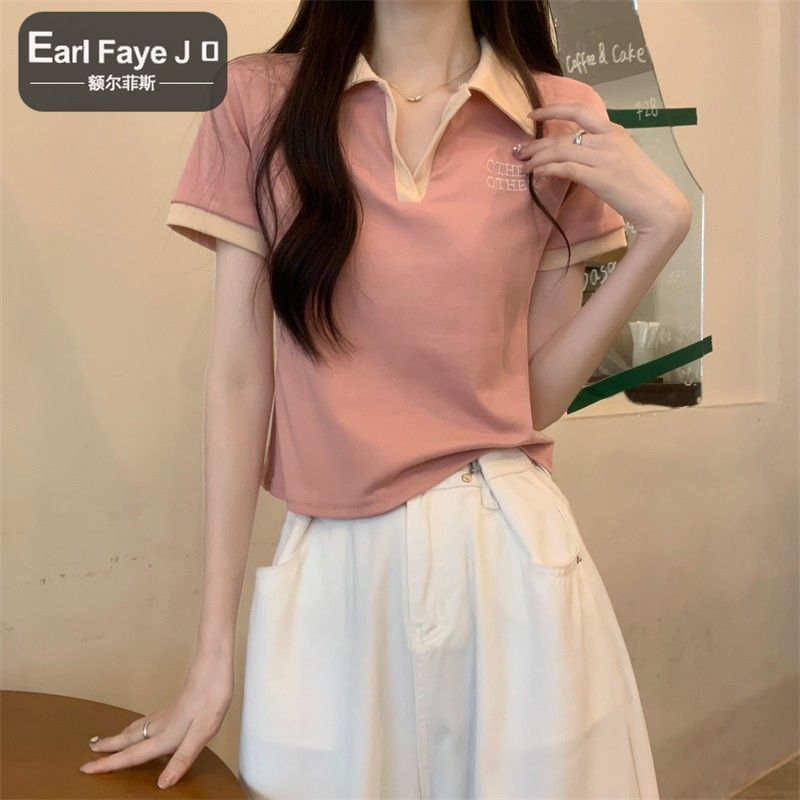 [Positive shoulder pure cotton] Polo collar pink T-shirt women's short-sleeved summer design sense niche small short top