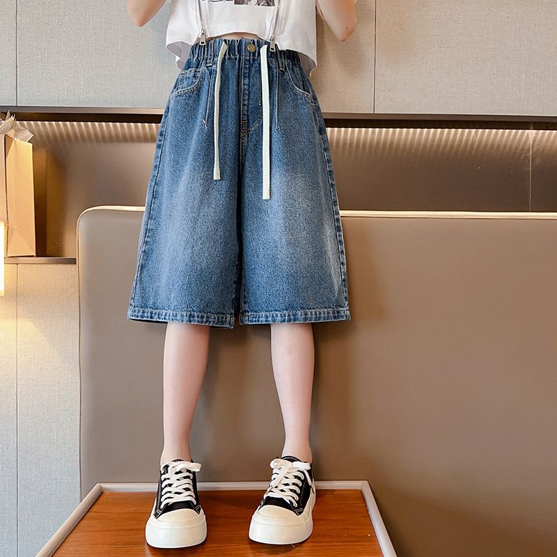 Girls' summer pants  new children's five-point pants summer thin section denim shorts middle and big children's wide-leg pants