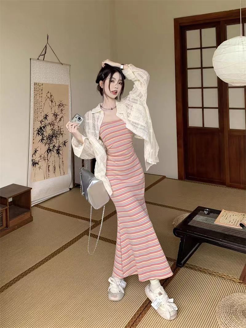 條紋包臀吊帶裙兩件套裙子女裝夏季新款設計感系帶襯衫小香風套裝