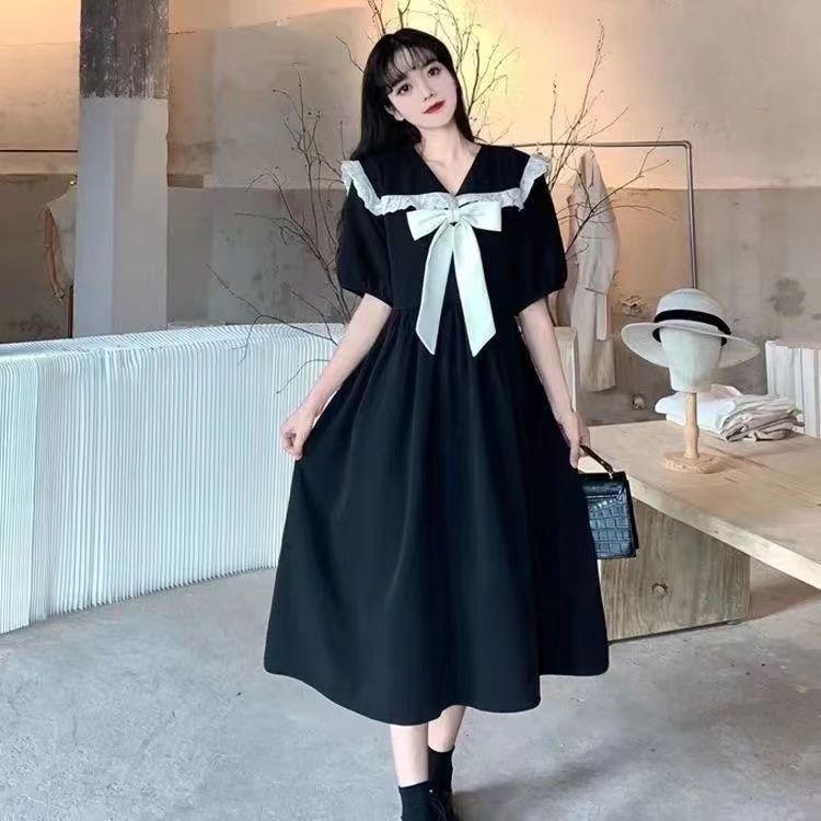 娃娃領連衣裙大碼胖mm蝴蝶結學院風氣質黑色裙子女夏新款收腰顯瘦