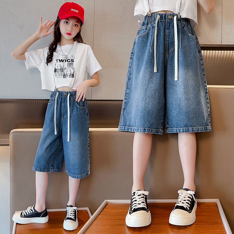 Girls' summer pants  new children's five-point pants summer thin section denim shorts middle and big children's wide-leg pants