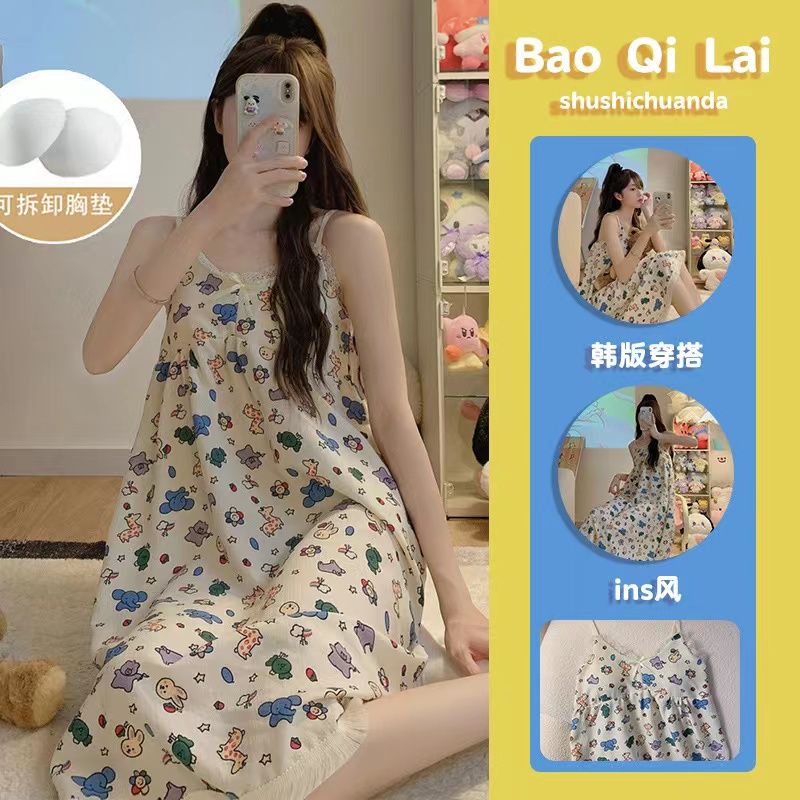 Sling nightdress ladies 2023 new pajamas cotton gauze Japanese sweet cartoon can be worn outside home clothes