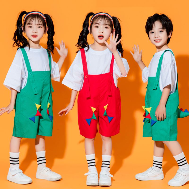 六一兒童背帶褲幼兒園啦啦隊男女演出合唱夏季畢業短袖套裝表演服
