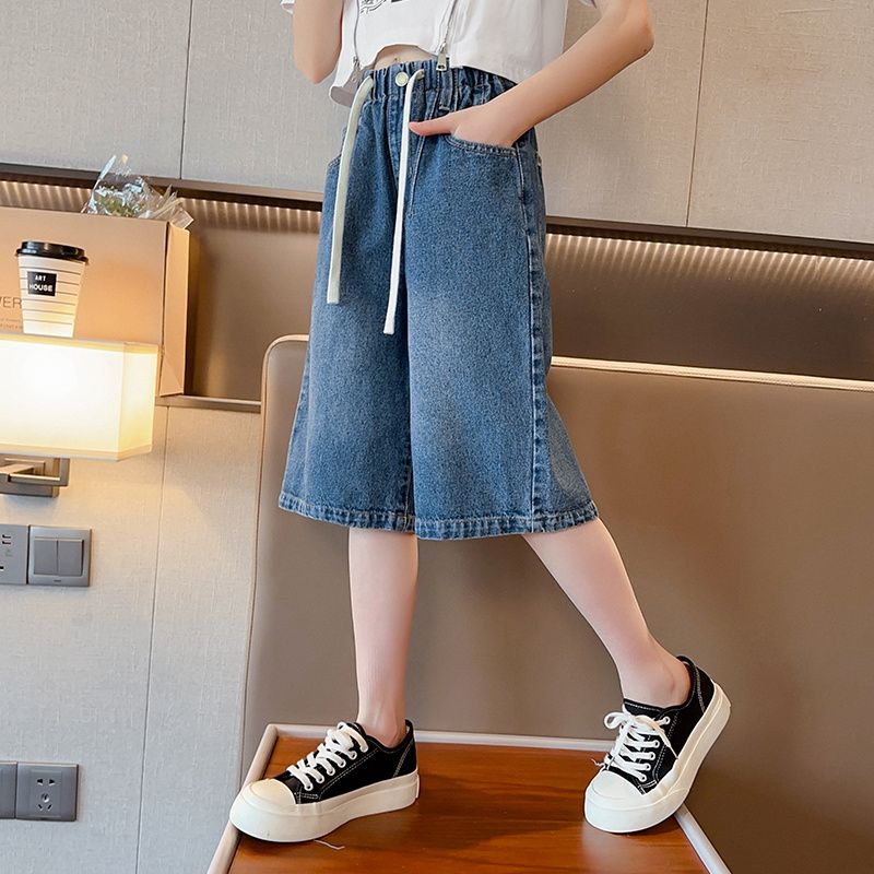 Girls' summer pants  new children's five-point pants summer thin section denim shorts middle and big children's wide-leg pants