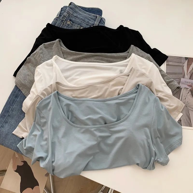 Super soft waxy modal drape square collar short-sleeved T-shirt women's summer self-cultivation and thin short bottoming shirt thin top