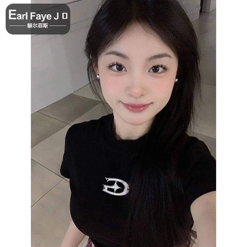 [Positive shoulder pure cotton] American hot girl tight-fitting short-sleeved t-shirt women's new summer small and thin short top