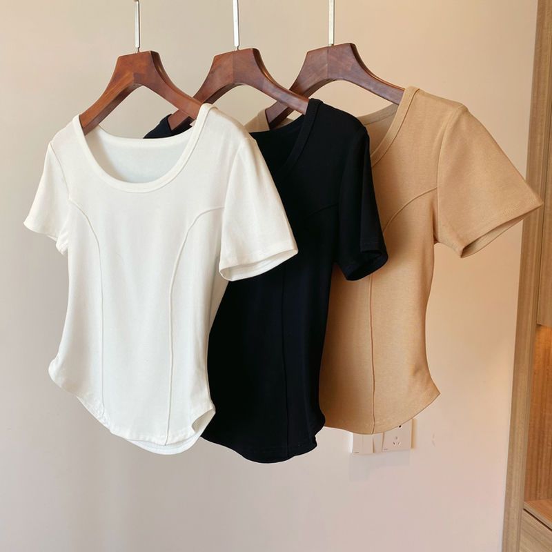 Women's t-shirt short-sleeved slim-fit short section summer new tight-fitting slim fashion foreign style new irregular top ins