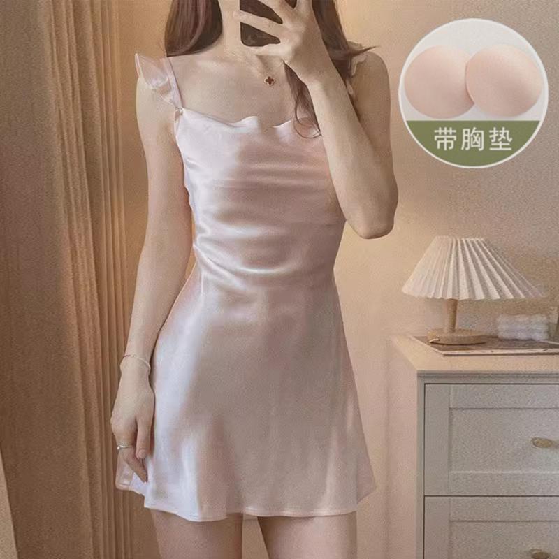 Ice silk sexy suspender skirt with chest pad pajamas scheming women's skirt summer new home service loose nightdress mid-length thin