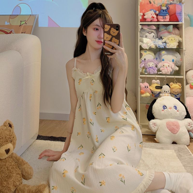 Summer sling nightdress ladies 2023 new pajamas cotton gauze Japanese sweet cartoon can wear home clothes