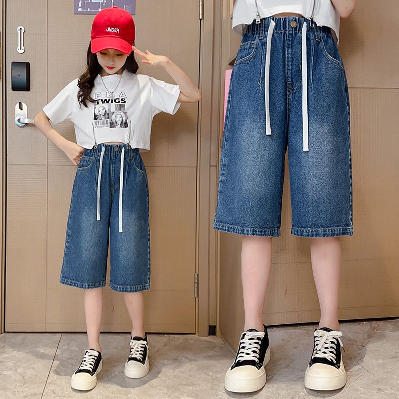 Girls' summer pants  new children's five-point pants summer thin section denim shorts middle and big children's wide-leg pants