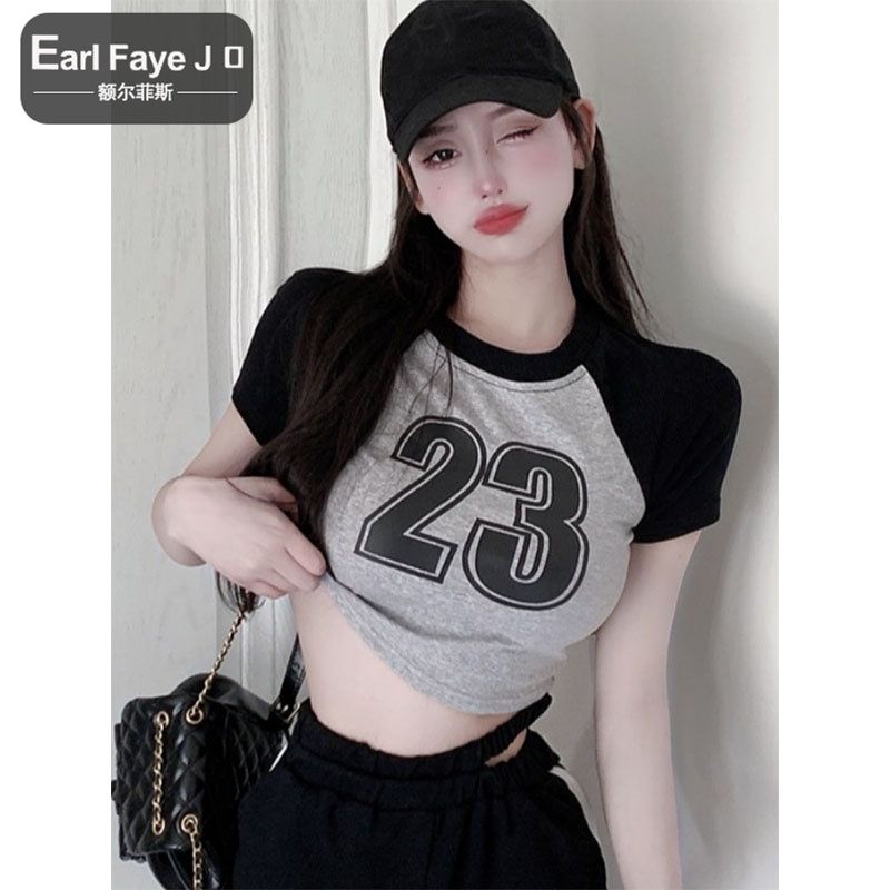 [Positive shoulder pure cotton] color matching short-sleeved T-shirt women's summer raglan sleeves hot girl high waist short tight-fitting thin top