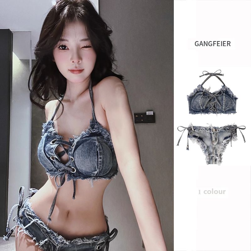 ins歐美復古性感辣妹三點式牛仔比基尼 小胸綁帶泡溫泉度假泳衣女