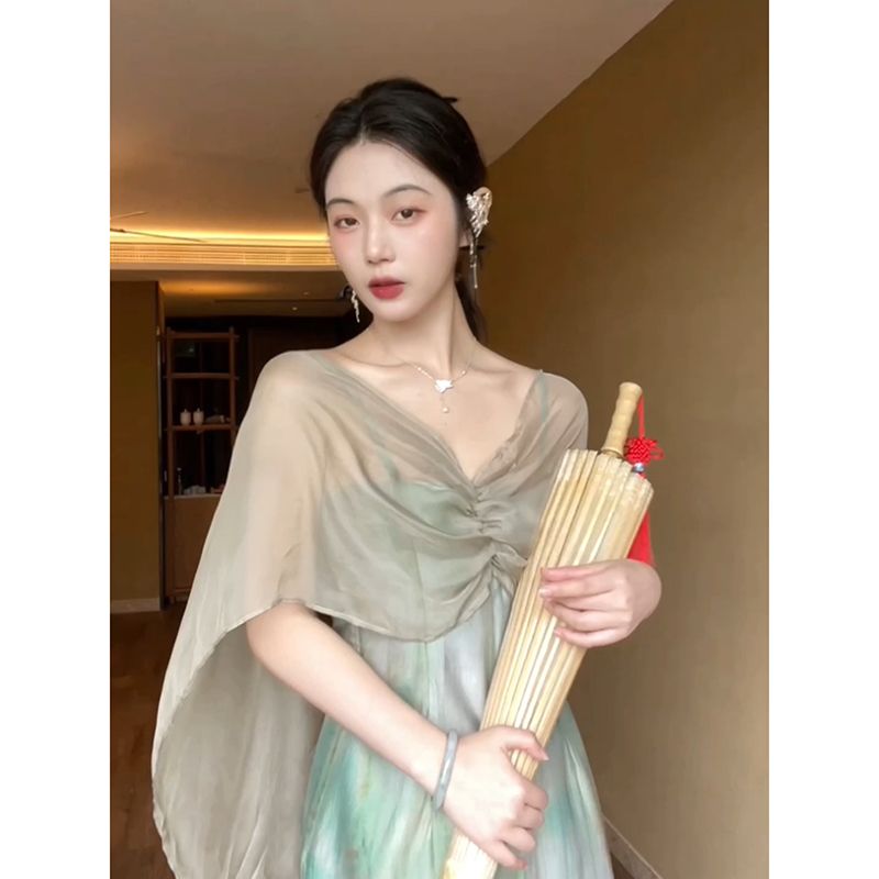 新中式油畫感假兩件連衣裙女夏季2023新款別致披肩中長款開叉裙子