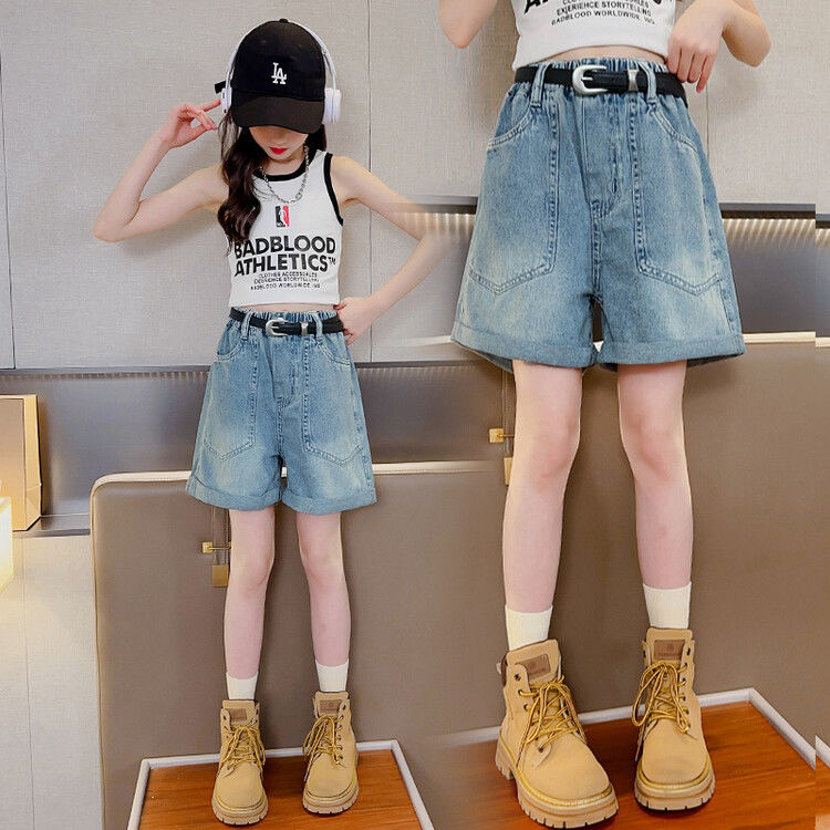 Girls' denim shorts summer clothes  new foreign style medium and large children's children's summer casual thin pants