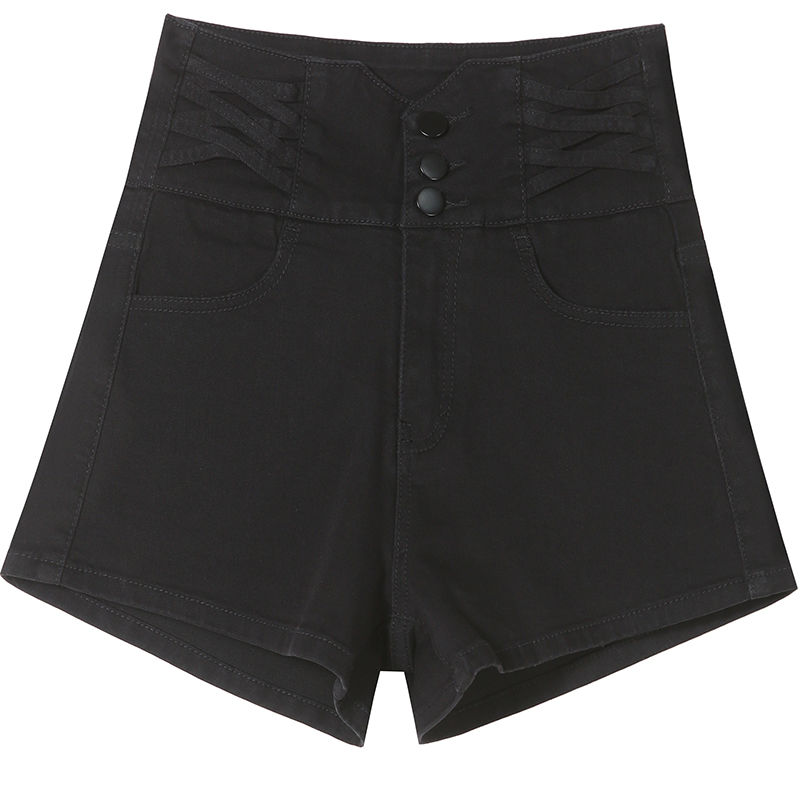 [PROMONE] High-waisted black denim shorts for women's hot summer elastic slimming a-line wide-leg hot pants