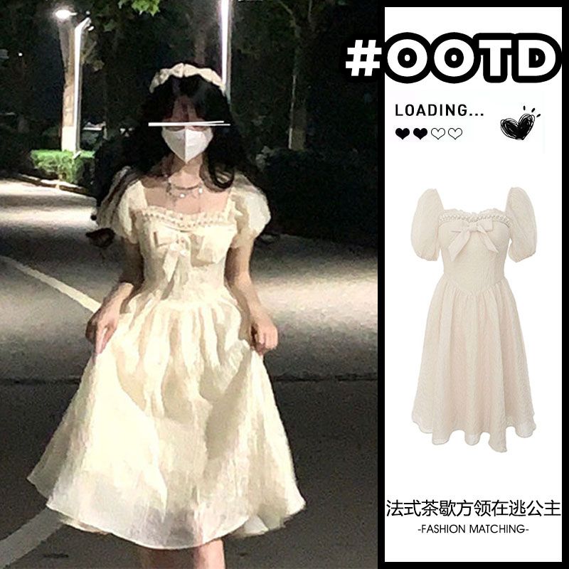蝴蝶結泡泡袖連衣裙子甜美洋氣小禮服夏季法式茶歇方領在逃公主裙