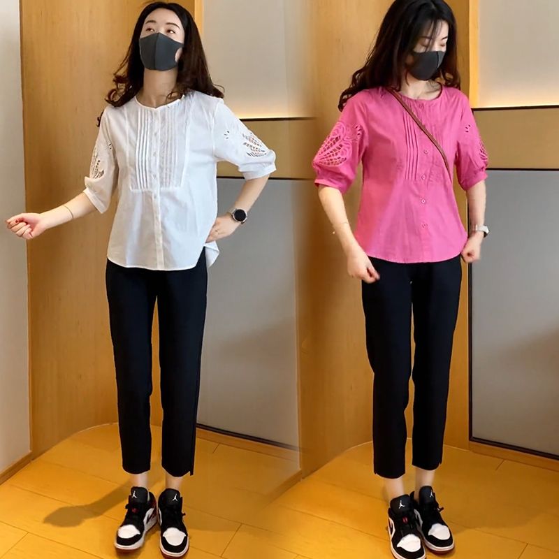 藍海奕諾圓領鏤空刺繡中袖棉襯衫女2023夏寬鬆百搭顯瘦防曬襯衣潮