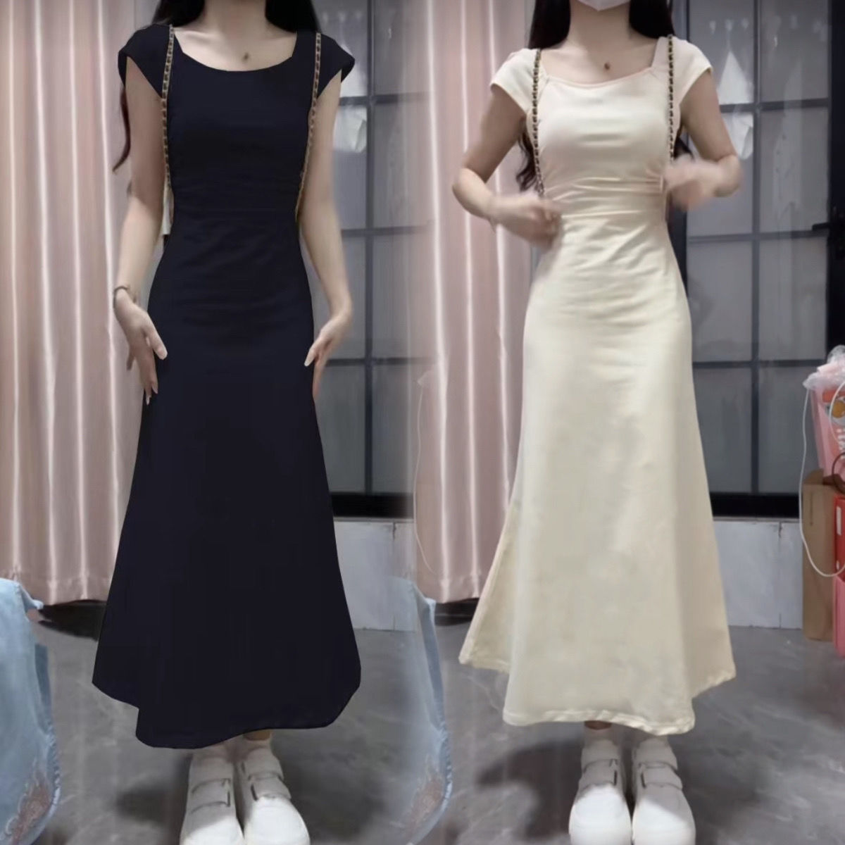 法式高級感方領連衣裙子女夏季2023新款御姐氣質收腰顯瘦魚尾長裙