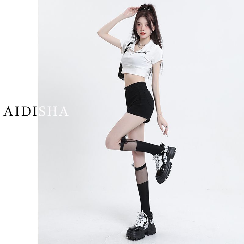 【PROMONE】Black denim shorts for women summer high-waisted American hottie hip-hugging tight slimming A-line hot pants