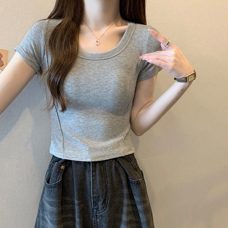 Trendy shoulder short-sleeved t-shirt women's ins tide 2023 summer Korean version of sweet and spicy style slim short top