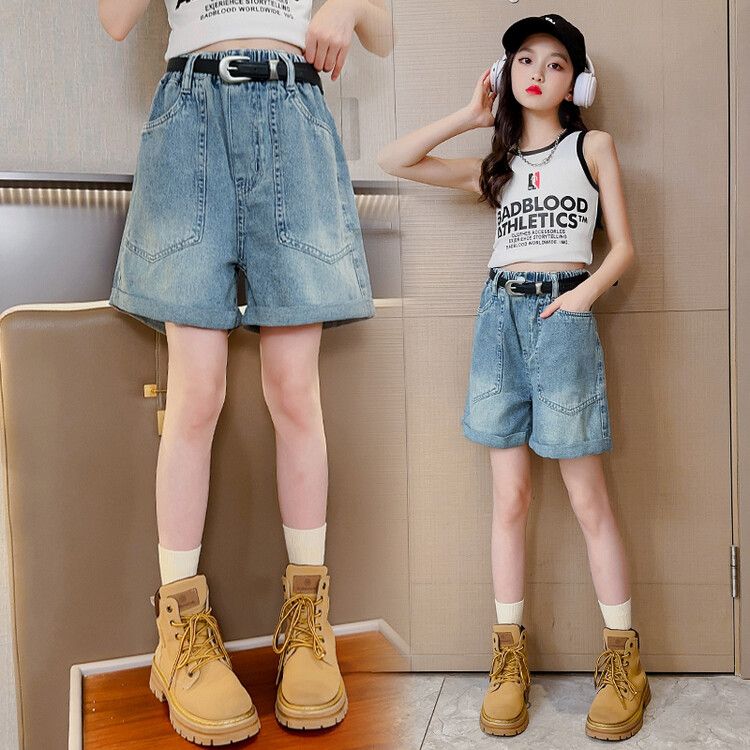 Girls' denim shorts summer clothes  new foreign style medium and large children's children's summer casual thin pants