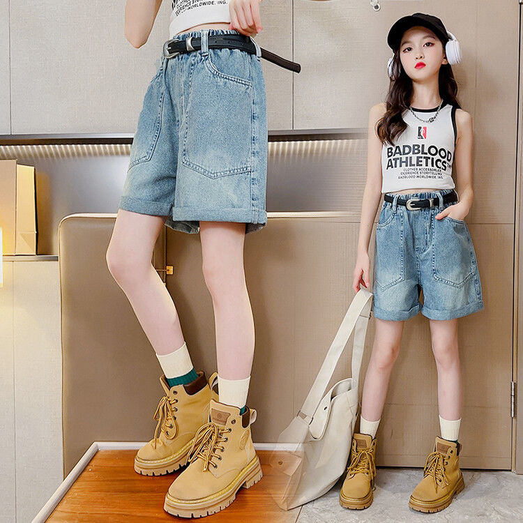 Girls' denim shorts summer clothes  new foreign style medium and large children's children's summer casual thin pants