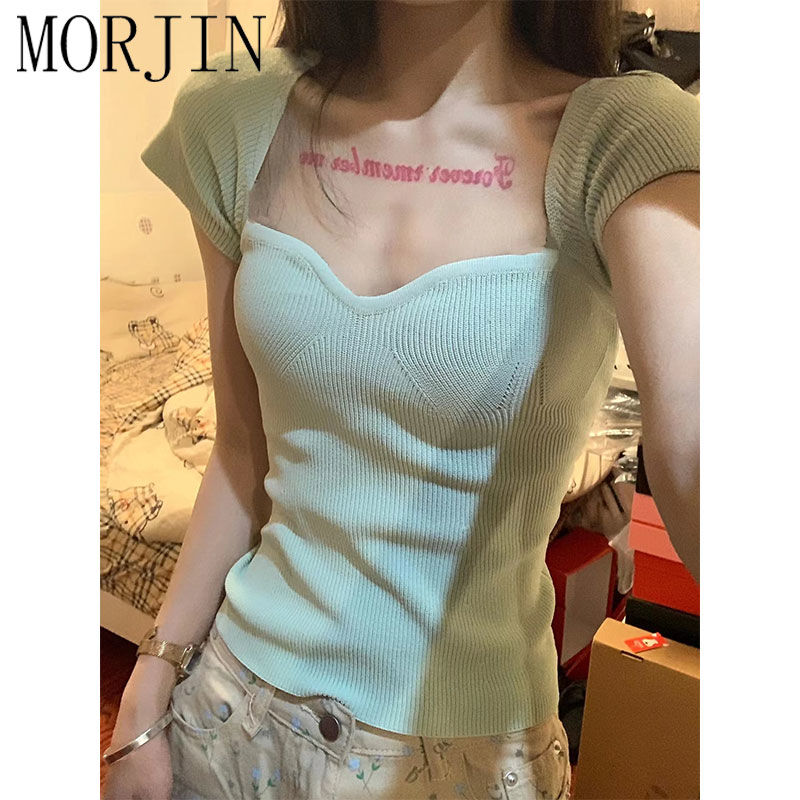 MORJIN green square collar front shoulder knitted t-shirt women's short-sleeved summer self-cultivation slimming pure desire style hot girl short top