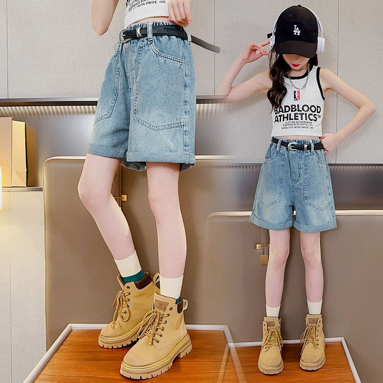 Girls' denim shorts summer clothes  new foreign style medium and large children's children's summer casual thin pants