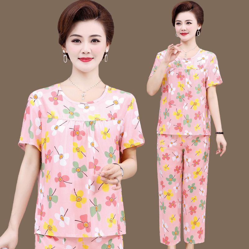 Middle-aged and elderly mothers wear artificial cotton short-sleeved trousers home service two-piece cotton silk pajamas women's summer thin suit