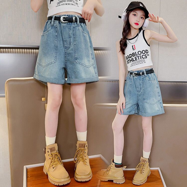 Girls' denim shorts summer clothes  new foreign style medium and large children's children's summer casual thin pants