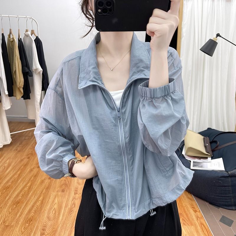 韓系薄款寬鬆防曬衣女2023夏季寬鬆防紫外線上衣抽繩短款開衫外套