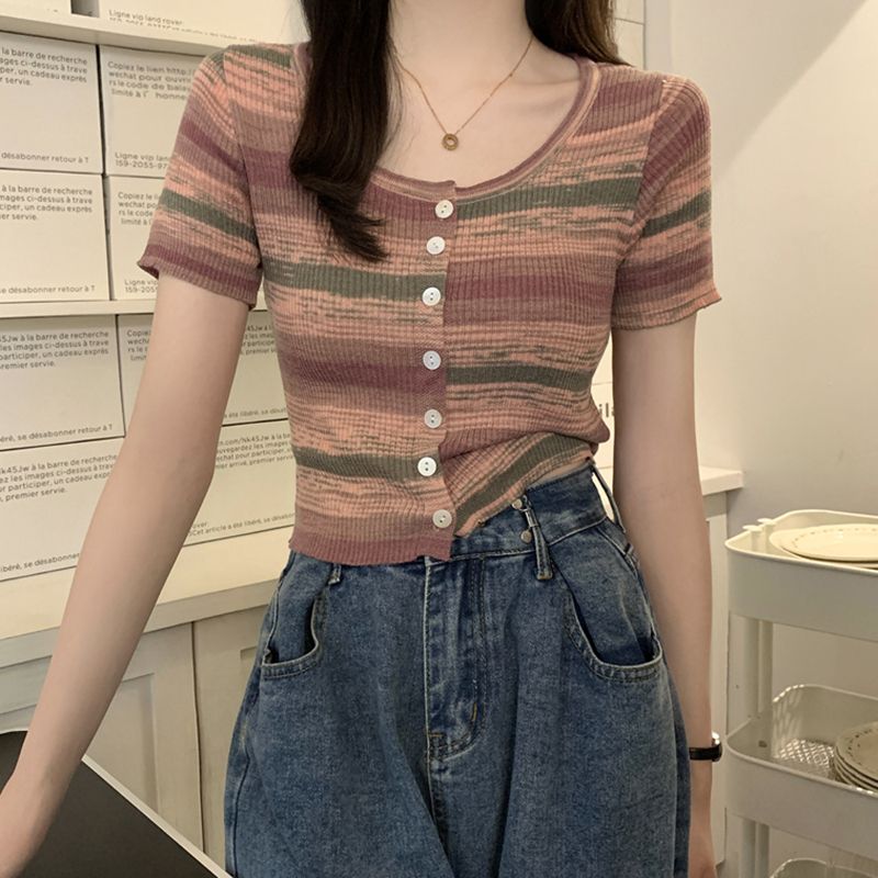 Retro striped knitted short-sleeved women's summer shoulder American T-shirt ice silk thin cardigan hot girl style short top