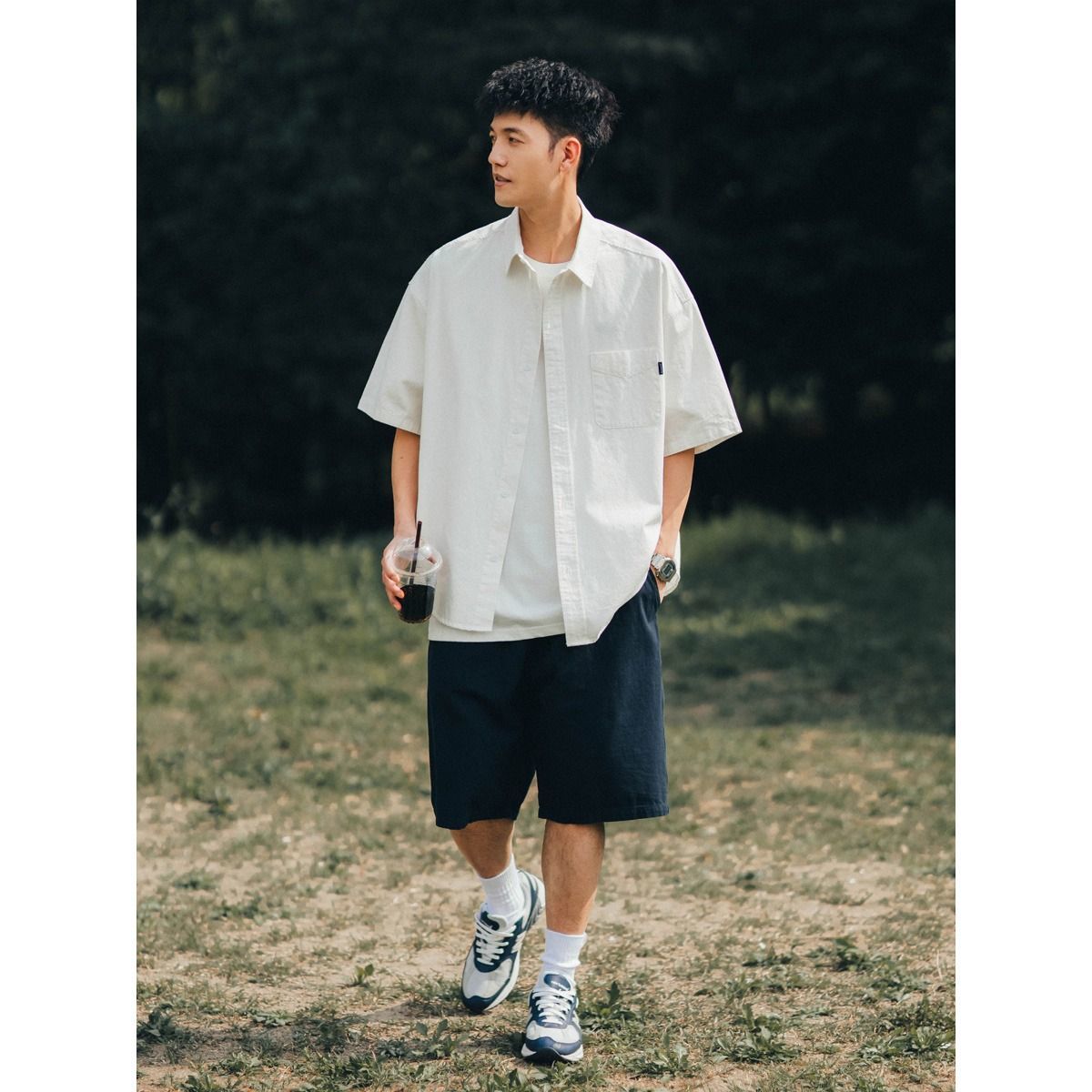 Japanese wear solid color short-sleeved shirt men's summer new trend casual loose simple white work shirt