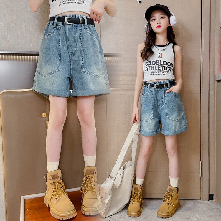 Girls' denim shorts summer clothes  new foreign style medium and large children's children's summer casual thin pants