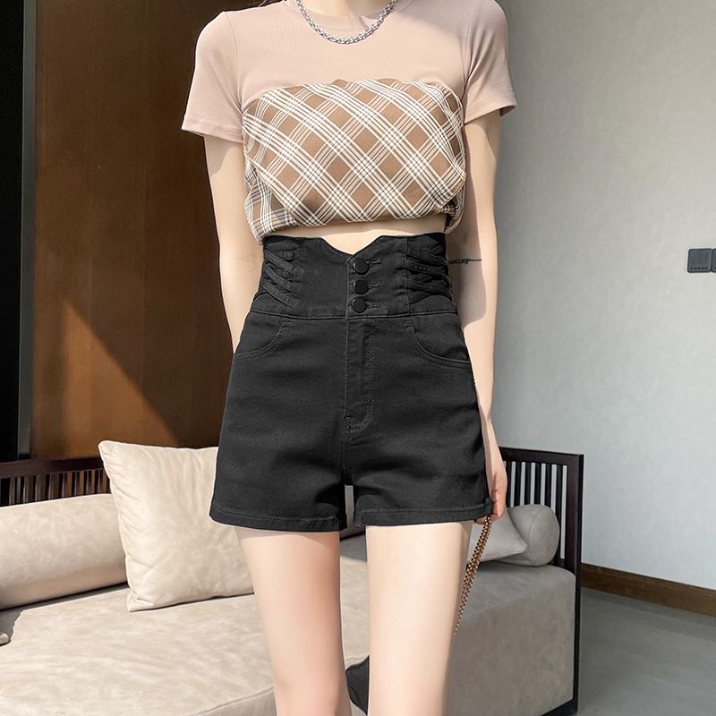 [PROMONE] High-waisted black denim shorts for women's hot summer elastic slimming a-line wide-leg hot pants