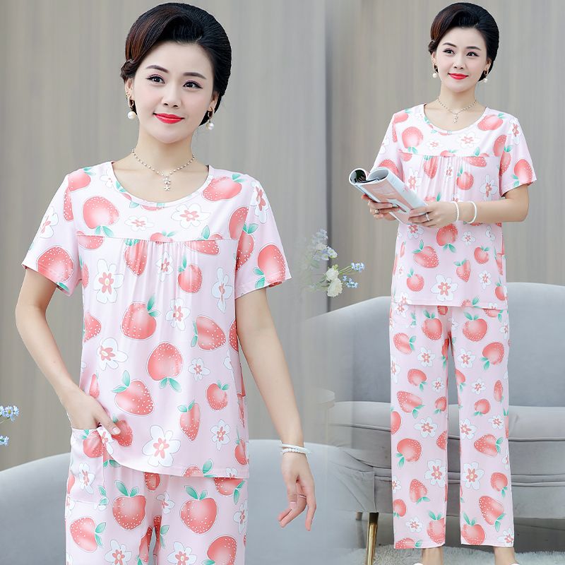 Middle-aged and elderly mothers wear artificial cotton short-sleeved trousers home service two-piece cotton silk pajamas women's summer thin suit