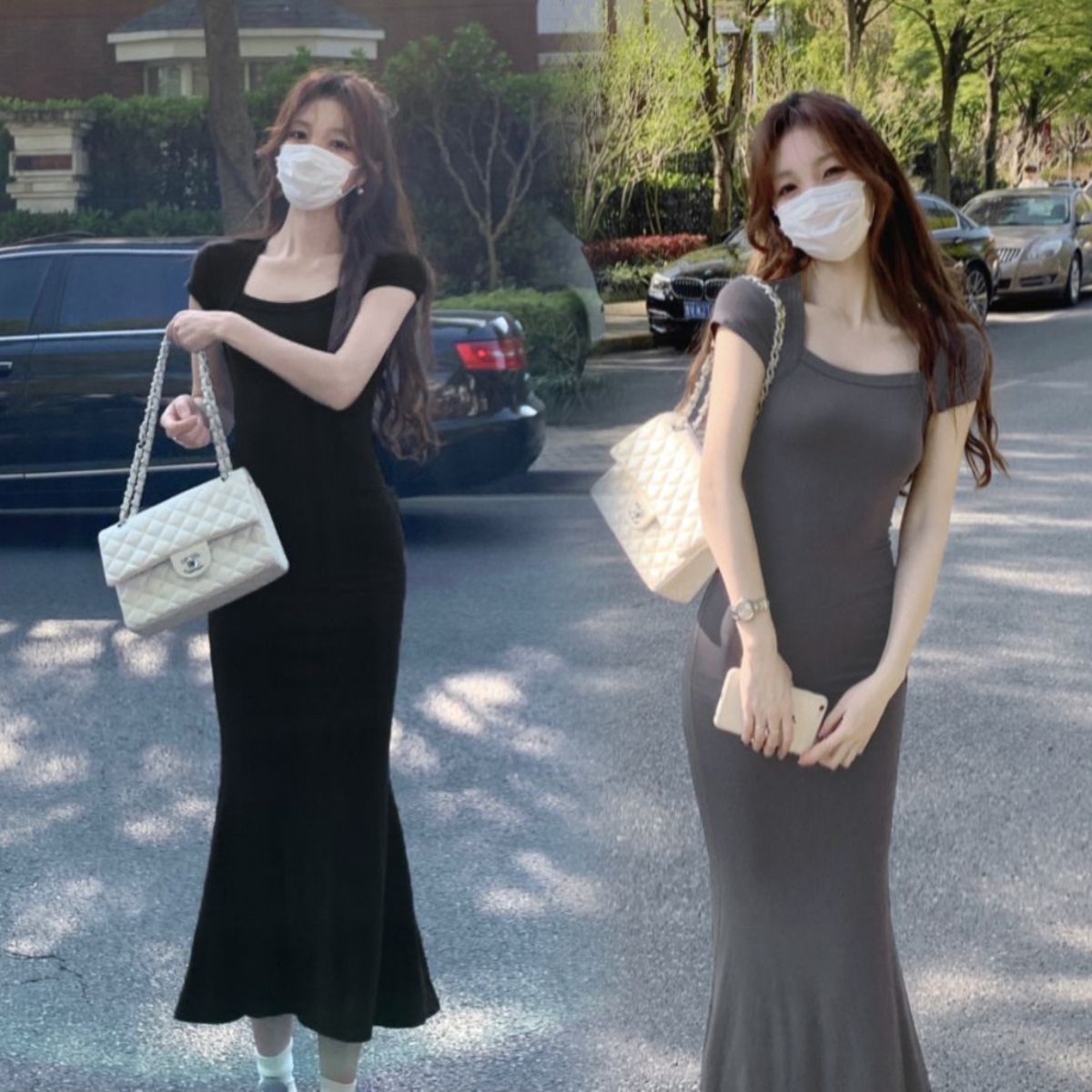 法式氣質辣妹後媽連衣裙女2023夏季新款修身包臀長裙收腰魚尾裙子
