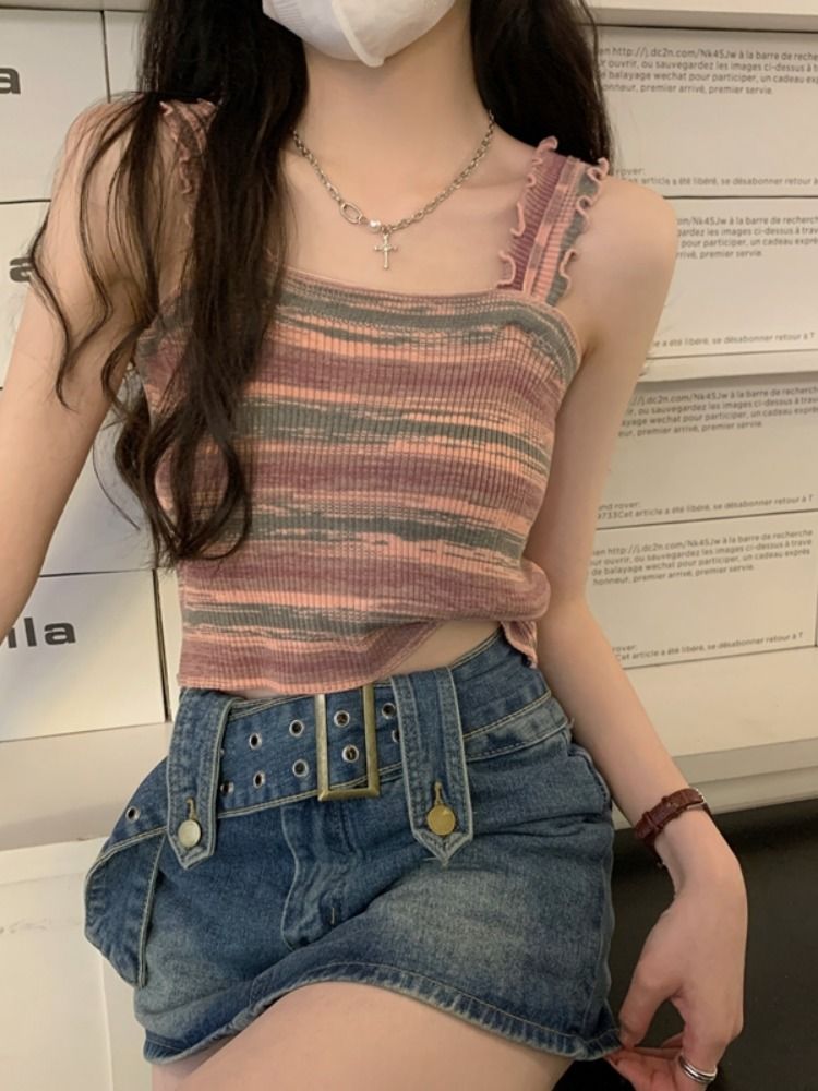 Retro Pure Desire Wooden Ear Rainbow Striped Camisole Female 2023 New Summer Korean Version Slim Outerwear Top
